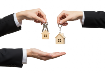 Hands exchanging keys with houseshaped keychains, symbolizing a real estate transaction isolated on transparent background