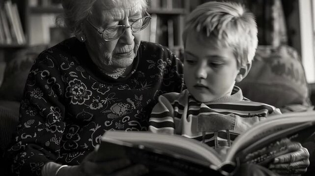 grandmother and grandson reading a book. A black and white video of a boy with his granny reading together. Families and generations concept.