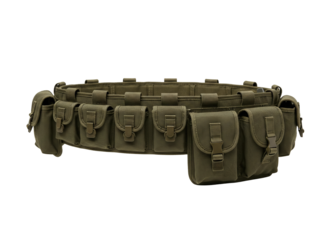 Olive drab ammunition bandolier belt with multiple pouches isolated on transparent background