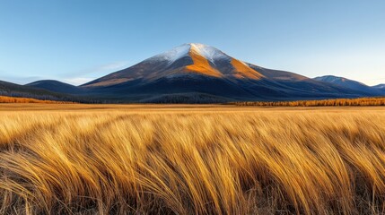 Obraz premium Majestic mountain with snow-capped peak overlooking a golden wheat field under clear blue sky