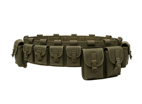 Olive drab ammunition bandolier belt with multiple pouches isolated on transparent background