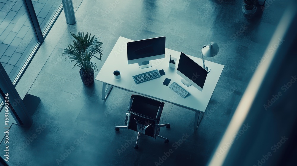 Aufkleber high-angle view of a modern office workspace with computers and supplies.