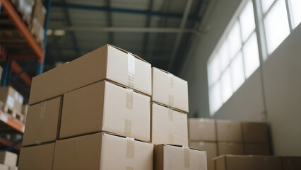 Stacked cardboard boxes in a well-lit warehouse
