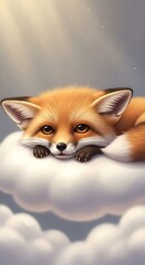 Obraz premium Adorable Red Fox Kit Resting on Clouds; Dreamy, Whimsical Illustration