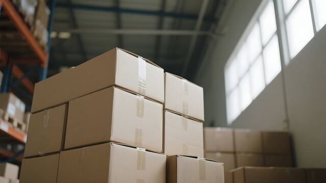 Stacked cardboard boxes in a well-lit warehouse