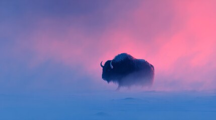 Musk ox in a misty winter landscape