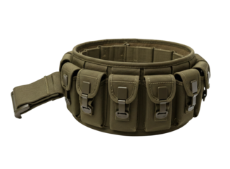 Olive drab ammunition bandolier belt with multiple pouches isolated on transparent background