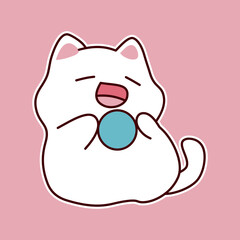 Cute white cartoon cat yawning with pink background