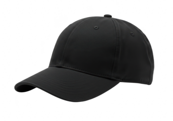 A plain black baseball cap viewed from the side, isolated on a transparent background