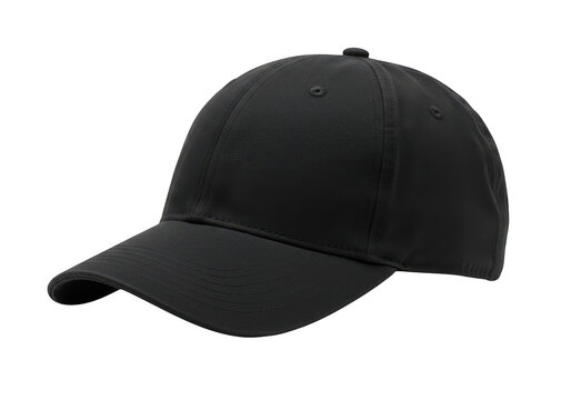A plain black baseball cap viewed from the side, isolated on a transparent background