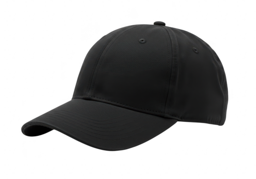 A plain black baseball cap viewed from the side, isolated on a transparent background