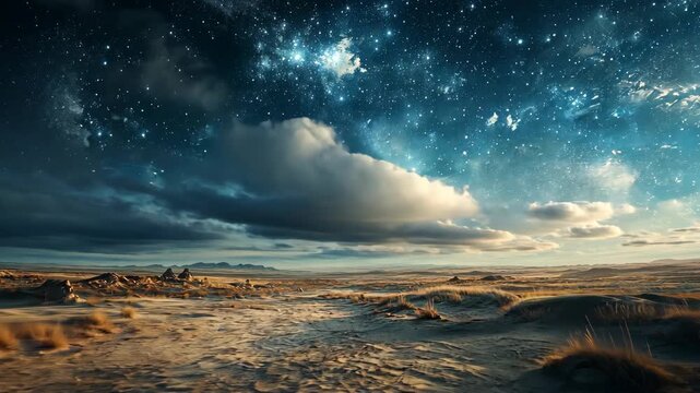 Vast desert landscape under a starry night sky with dramatic clouds and distant mountains