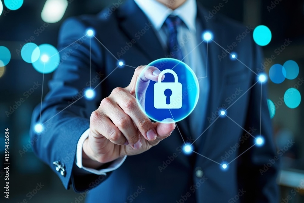 Poster businessman using digital signature on virtual screen with futuristic technology and cyber security 