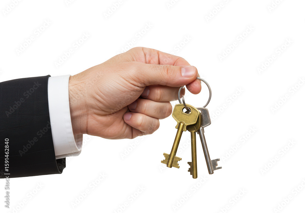 Poster a hand in a suit holds a set of keys on a ring, isolated on a transparent background