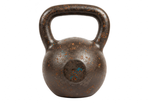 A rusty cast iron kettlebell used for strength training, isolated on transparent background