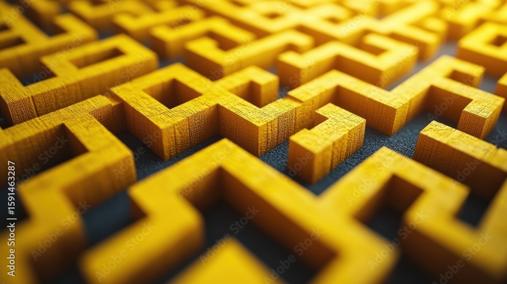 Poster complex maze pattern of yellow blocks against a dark background