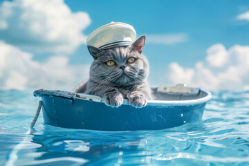 Chubby British Blue cat in captain hat floating in tub
