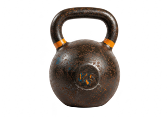 A vintage kettlebell with orange accents, isolated on a transparent background
