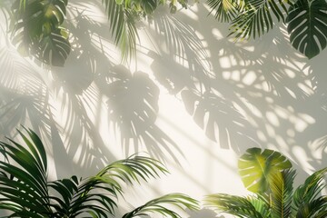 Sunlight casting tropical leaf shadows on a white wall