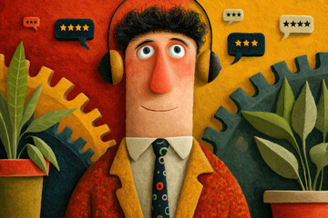Customer Support Agent with Headset, Five-Star Feedback, Colorful Gears and Plants, Cartoon Illustration