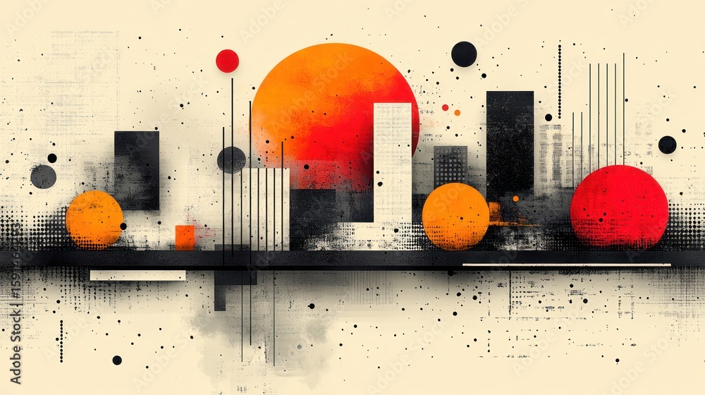 Poster abstract geometric composition with circles, squares, and linear elements