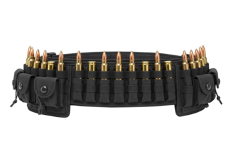 Black ammunition belt with various shotgun shells and cartridges isolated on transparent background