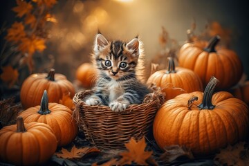A fluffy kitten with vivid blue eyes sits nestled in a wicker basket among bright pumpkins, creating a charming autumn harvest vibe. AI generated.