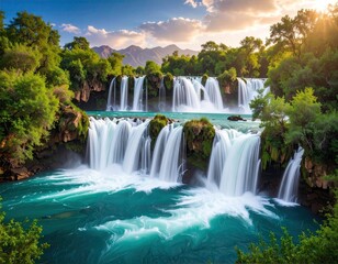 Majestic waterfall cascading into a turquoise pool