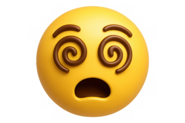 Yellow emoji with spiral eyes and open mouth expressing dizziness, confusion, and disorientation on a transparent background