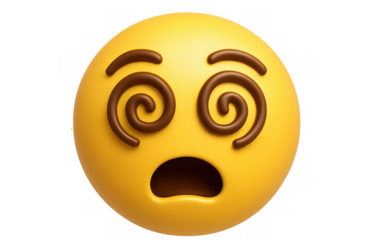 Yellow emoji with spiral eyes and open mouth expressing dizziness, confusion, and disorientation on a transparent background