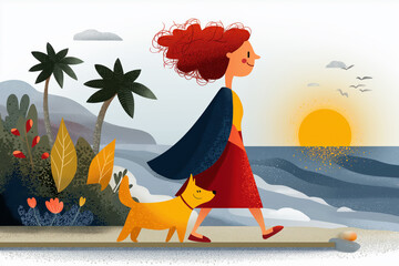 Woman Walking Dog by the Seaside at Sunset, Tropical Nature and Ocean View, Cartoon Illustration