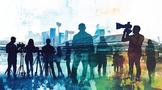 A montage featuring silhouettes of sports journalists reporting live, interviewing athletes, and analyzing games. The background includes stadiums and a cityscape with media hubs