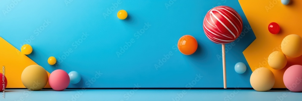 Poster a vibrant 2-giixel bubblegum pop background showcases spherical candies and a lollipop, perfect as a