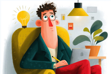 Young Man Sitting with Laptop and Pencil, Creative Idea and Inspiration Lightbulb, Cozy Home Office, Cartoon Illustration