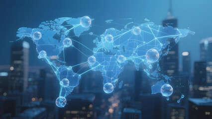 Global Network Overlay on Cityscape at Night