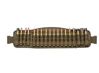Military ammunition belt with cartridges isolated on transparent background