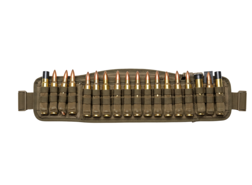 Military ammunition belt with cartridges isolated on transparent background