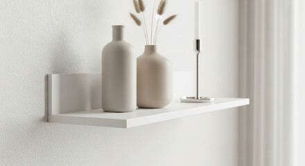 Minimalist white floating shelf with modern beige ceramic vases, dried grass, and silver candle holder for serene contemporary home interior decor