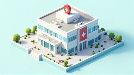 Isometric View of a Modern Hospital with Landscaping and a Distinctive Red Cross Symbol on its Roof