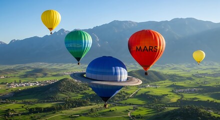 Fototapeta premium Vibrant hot air balloons soar over idyllic green valley landscape; Mars balloon, planetary balloon, adventure travel concept.