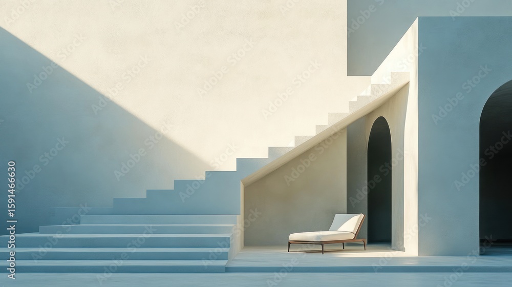 Poster minimalist architecture with stairs, archways and sunlight, creating a tranquil and serene atmospher