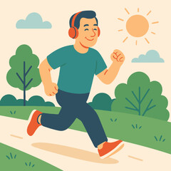 Flat illustration of man jogging in park on a sunny day with headphones, promoting fitness, health and energy