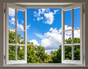 Open window, blue sky, green trees