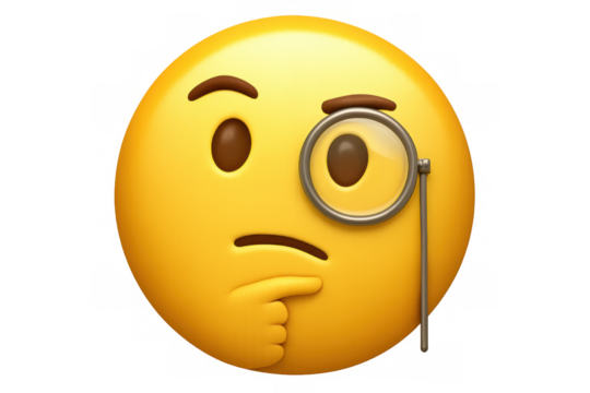 Intellectual yellow emoji wearing monocle, pensively reflecting on complex problem-solving with thoughtful expression