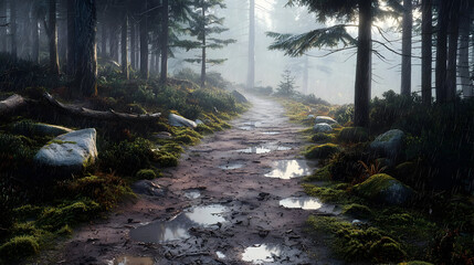 Misty forest path with puddles. Sunlight filters through trees. Rocks and moss line the trail