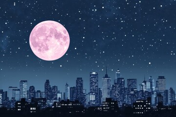 Pink moon over a city at night.