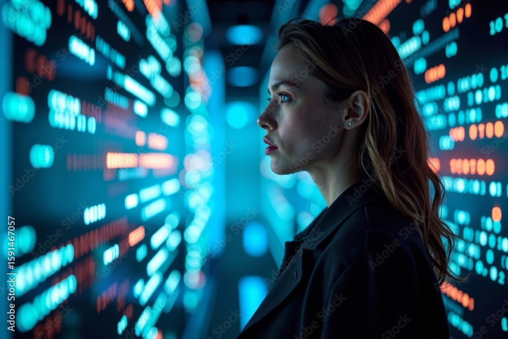 Poster revolutionary photoshoot: model immersed in holographic data streams symbolizing digital revolution 