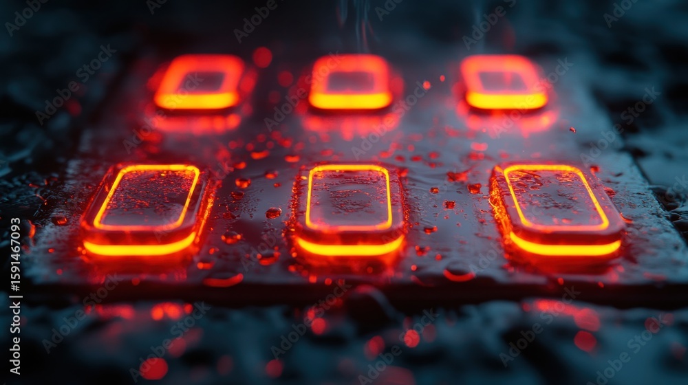 Poster abstract glowing rectangles with water droplets, creating a futuristic atmosphere