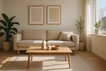 Naklejka premium Beige Sofa, Wooden Coffee Table, Minimalist Living Room
