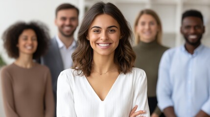 Obraz premium Smiling woman standing confidently with diverse colleagues in a professional office environment